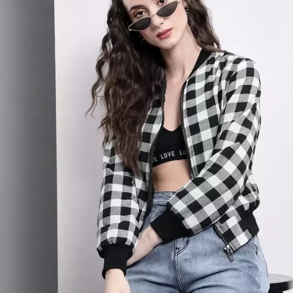 Equipment Femme Jacket Womens XS Black Cream Silk Plaid Aviator Bomber Zip Crop - Picture 6 of 6